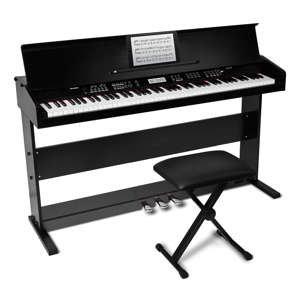 Alesis Virtue Black - Piano digital de 88 teclas con soporte y banco ajustable